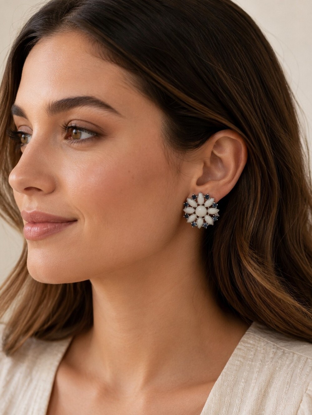 Elegant White Floral Cluster Clip-On Earrings with Blue Accents- Vintage